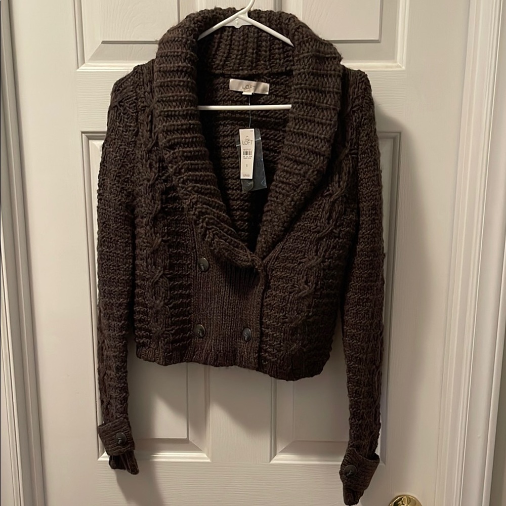 LOFT Brown Cable-Knit Cardigan with Shawl Collar